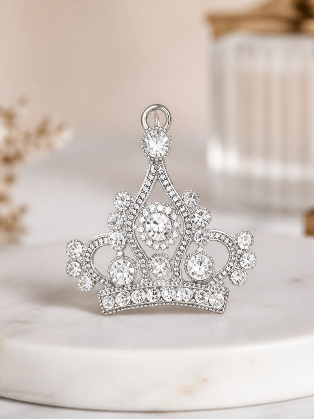 Silver Crystal Crown Pendant Necklace - Sparkling Tiara Accent